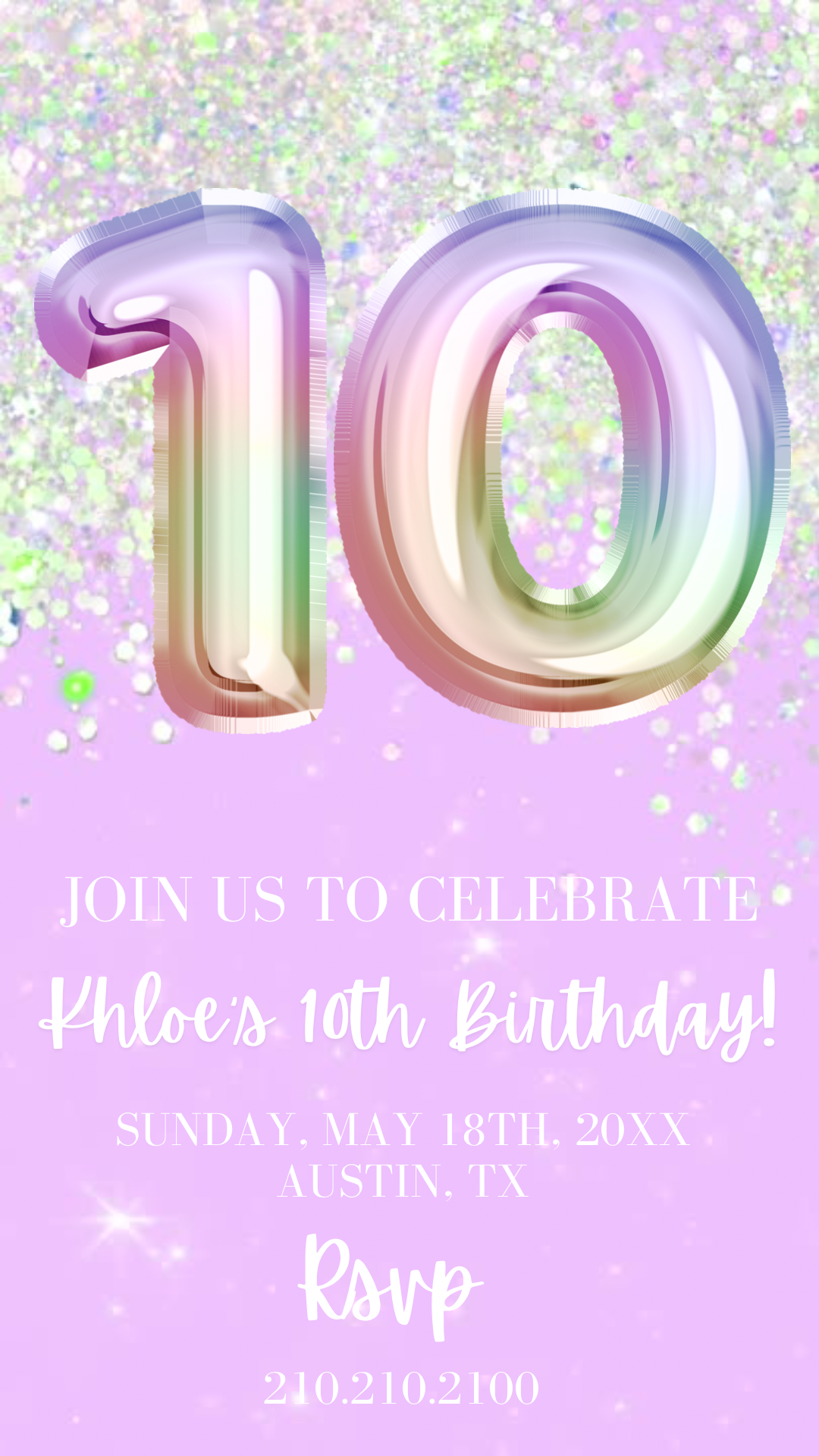 10th Birthday Lilac Video Invitation, Light Purple Glitter Birthday Invite