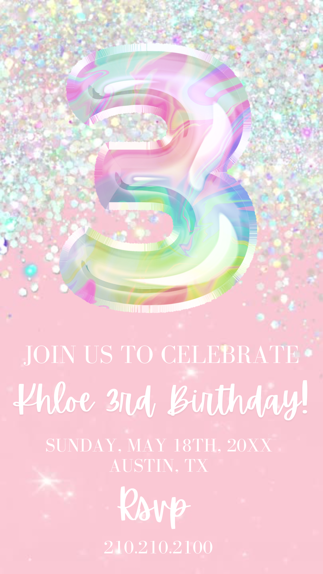 3rd Birthday Video Invitation, Editable Pink Glitter Birthday Invitation