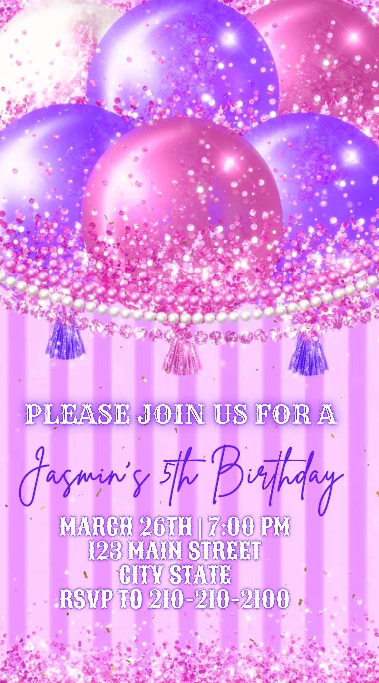 Purple Birthday Video invitation, Pink Carnival birthday invitation