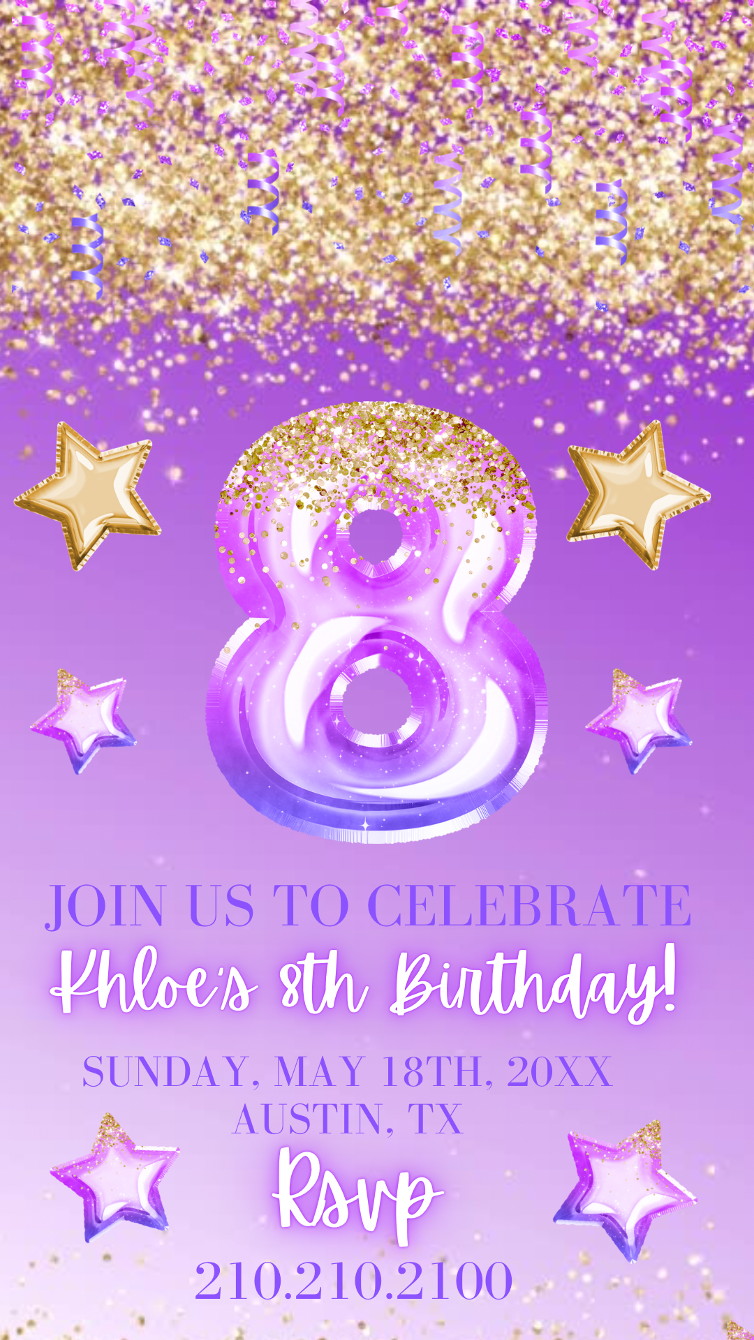 8th Birthday Purple and Gold Glitter Video Invitation