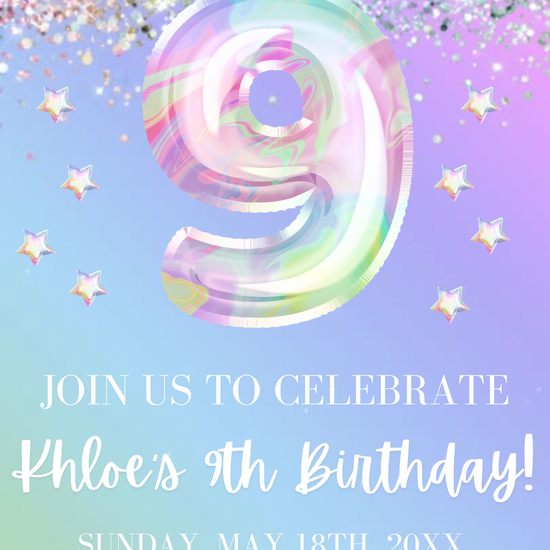 9th Birthday Pastel Video Invitation, Iridescent Glitter Invitation