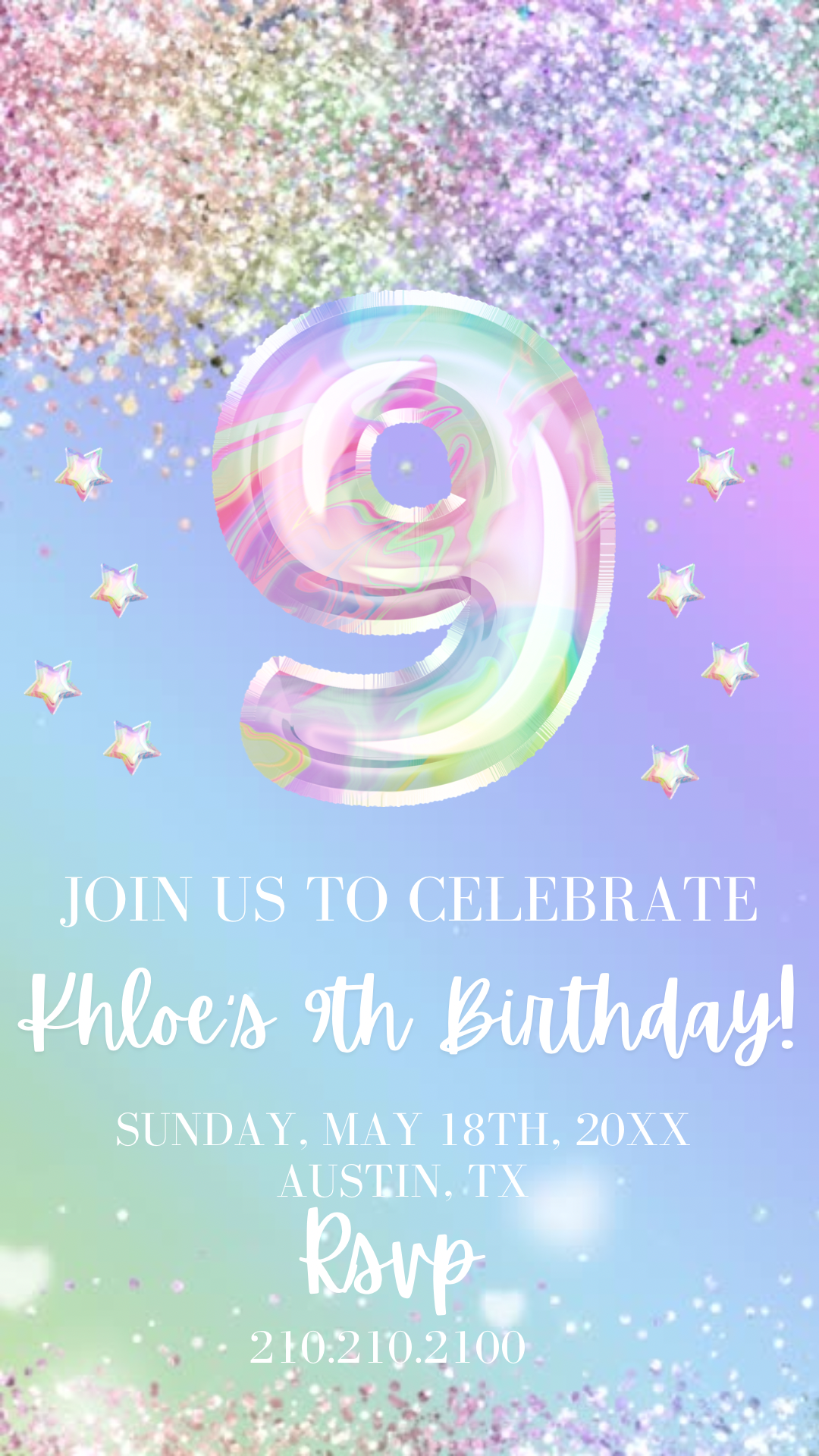 9th Birthday Pastel Video Invitation, Iridescent Glitter Invitation