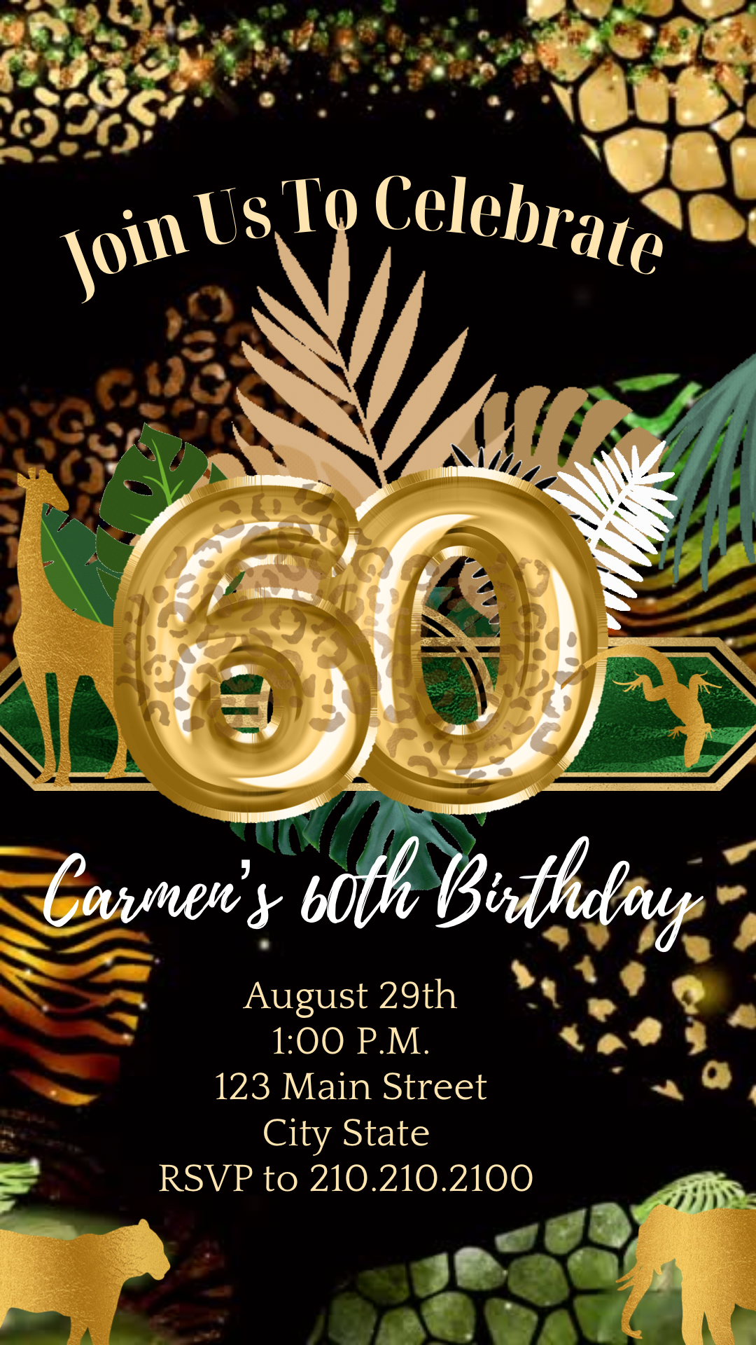 60th Birthday Safari Invitation, Tropical Gold Greenery Video Invitation