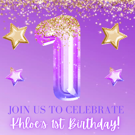 1st Birthday Purple and Gold Glitter Video Invitation