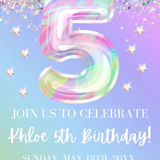 5th Birthday Pastel Video Invitation, Iridescent Glitter Invitation