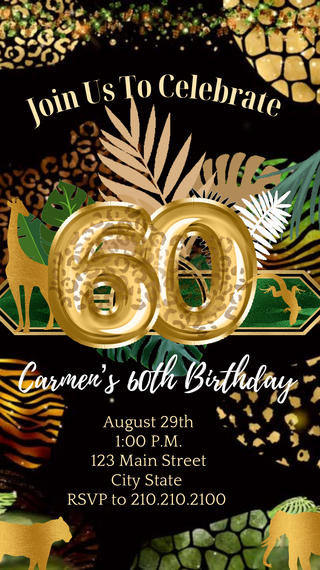 60th Birthday Safari Invitation, Tropical Gold Video Invitation