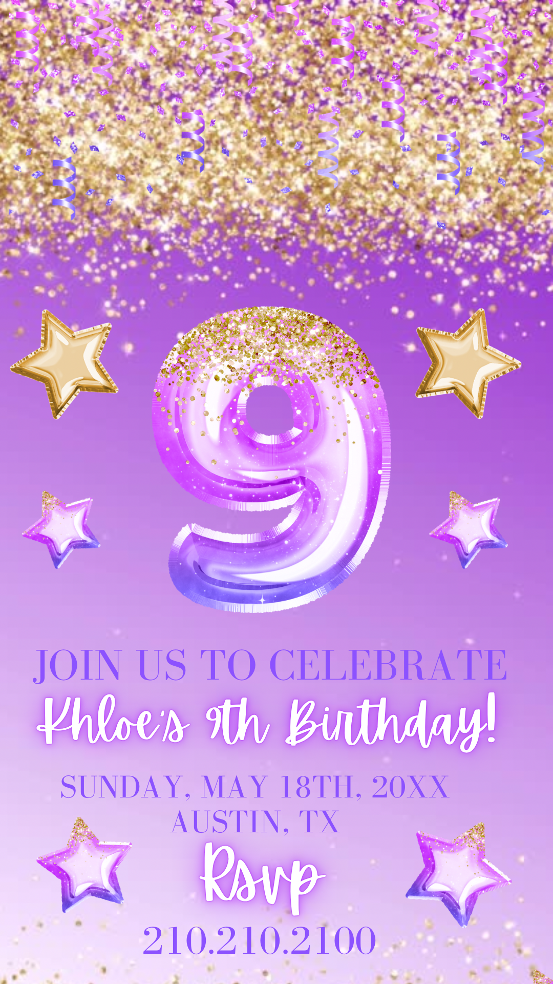 9th Birthday Video Invitation, Purple Glitter Invite, Purple Purple Ombre Glitter Editable Birthday Invitation