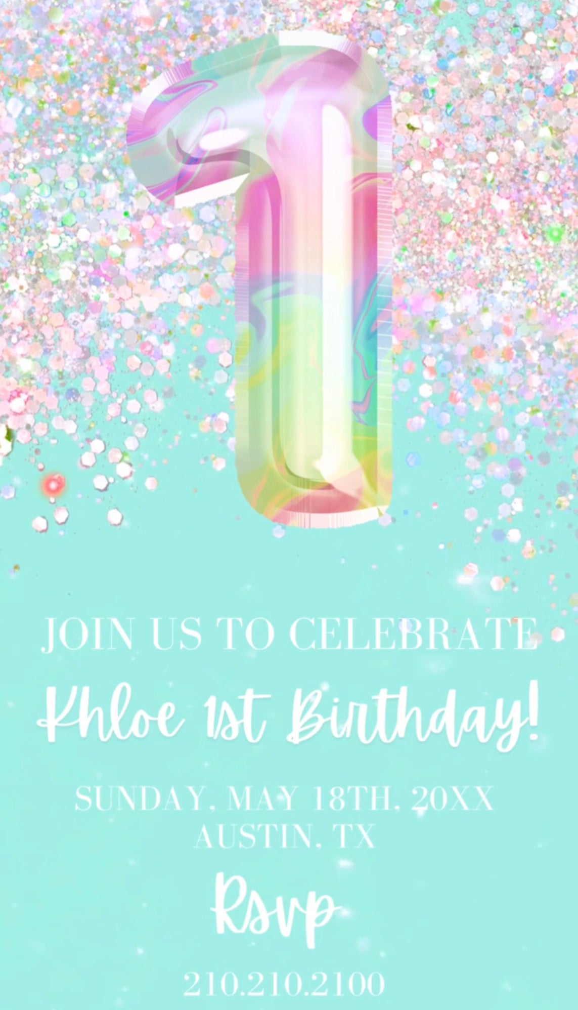 1st Birthday Video Invitation, Editable Mint Green Glitter Birthday Invitation, Rainbow Holographic Editable invite