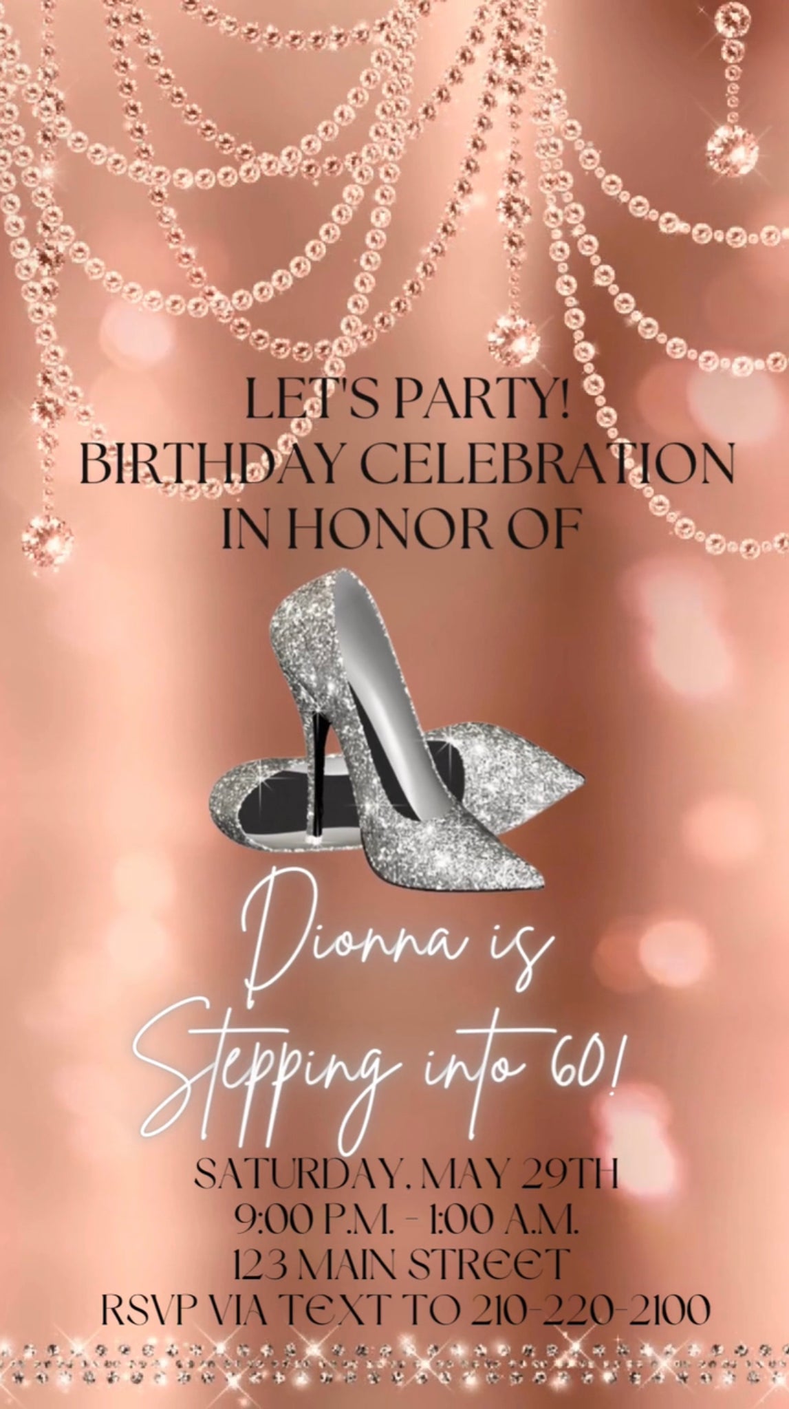Peach Pearl and Heels Video Invitation, Glitter Glam Diamond Shoes Customized Digital Invite