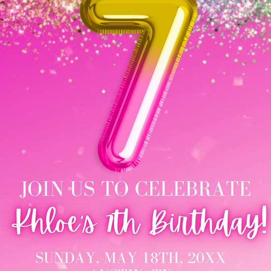 Pink and Gold 7th Birthday Invitation