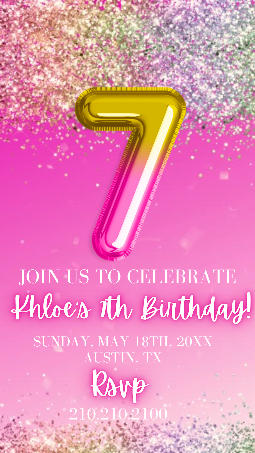 Pink and Gold 7th Birthday Invitation
