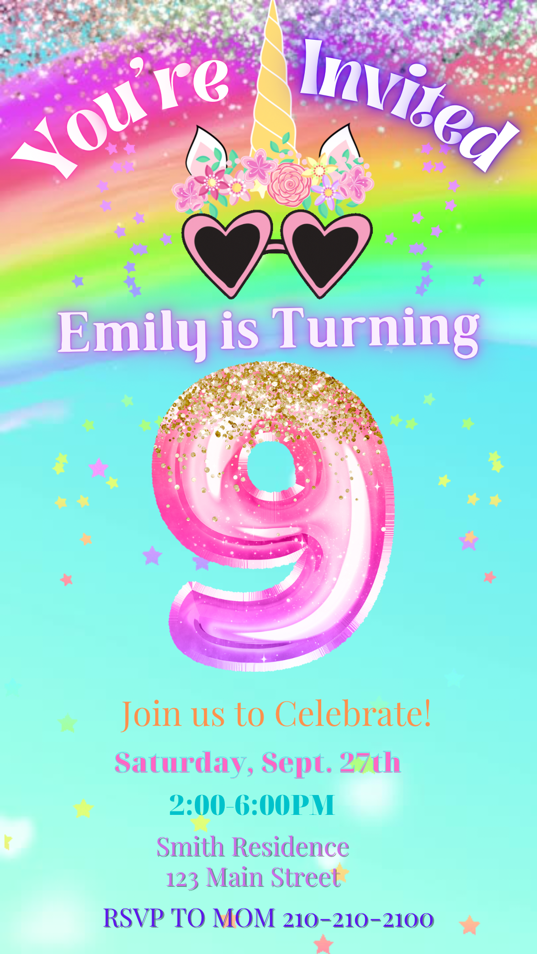 9th Birthday Unicorn Invitation, Glitter Video Invitation
