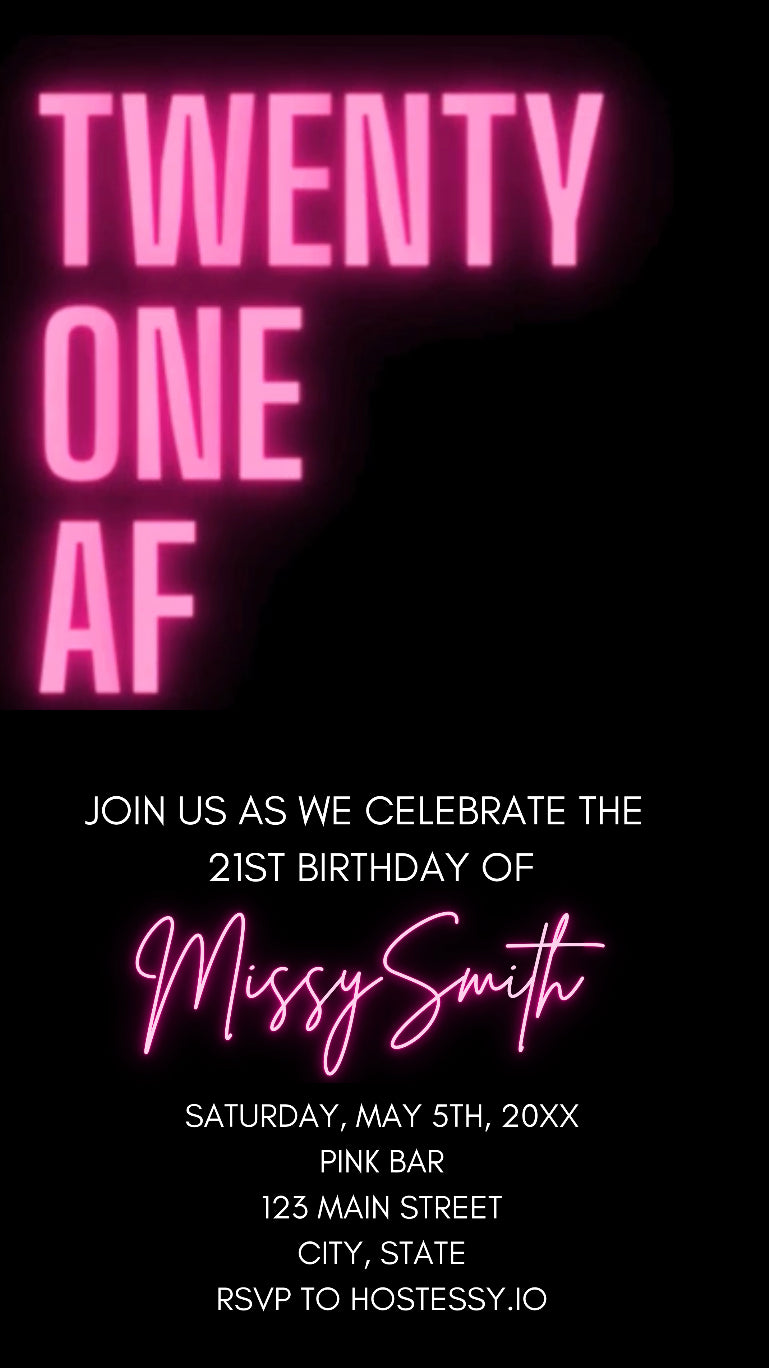 21st Birthday Invitation, Neon Pink Video Invitation