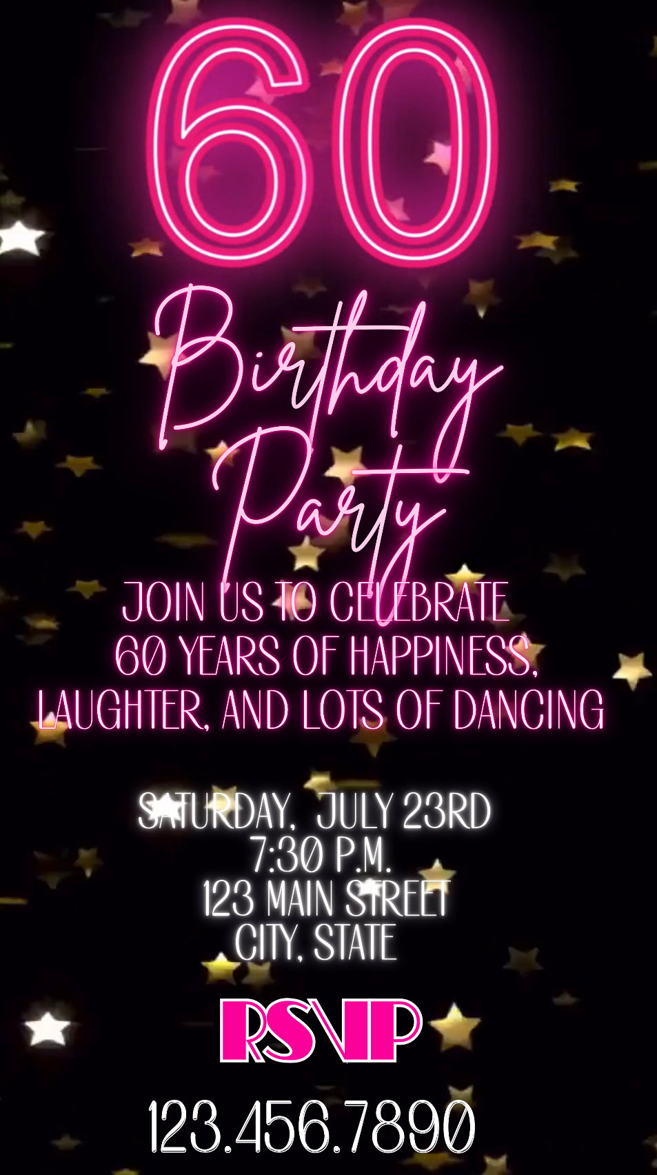 Neon Birthday Video Invitation, 60th Pink Neon Invite
