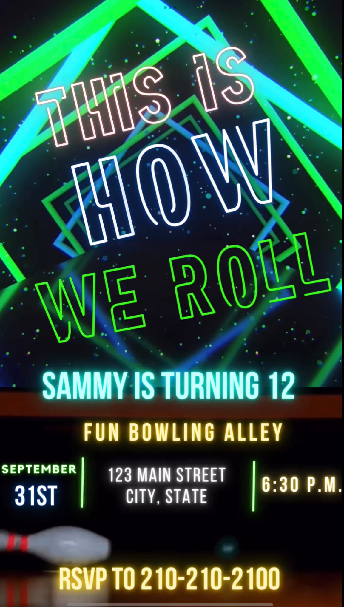 Neon Bowling Video Invitation, Bowling Invitation, Bowling Alley Invite