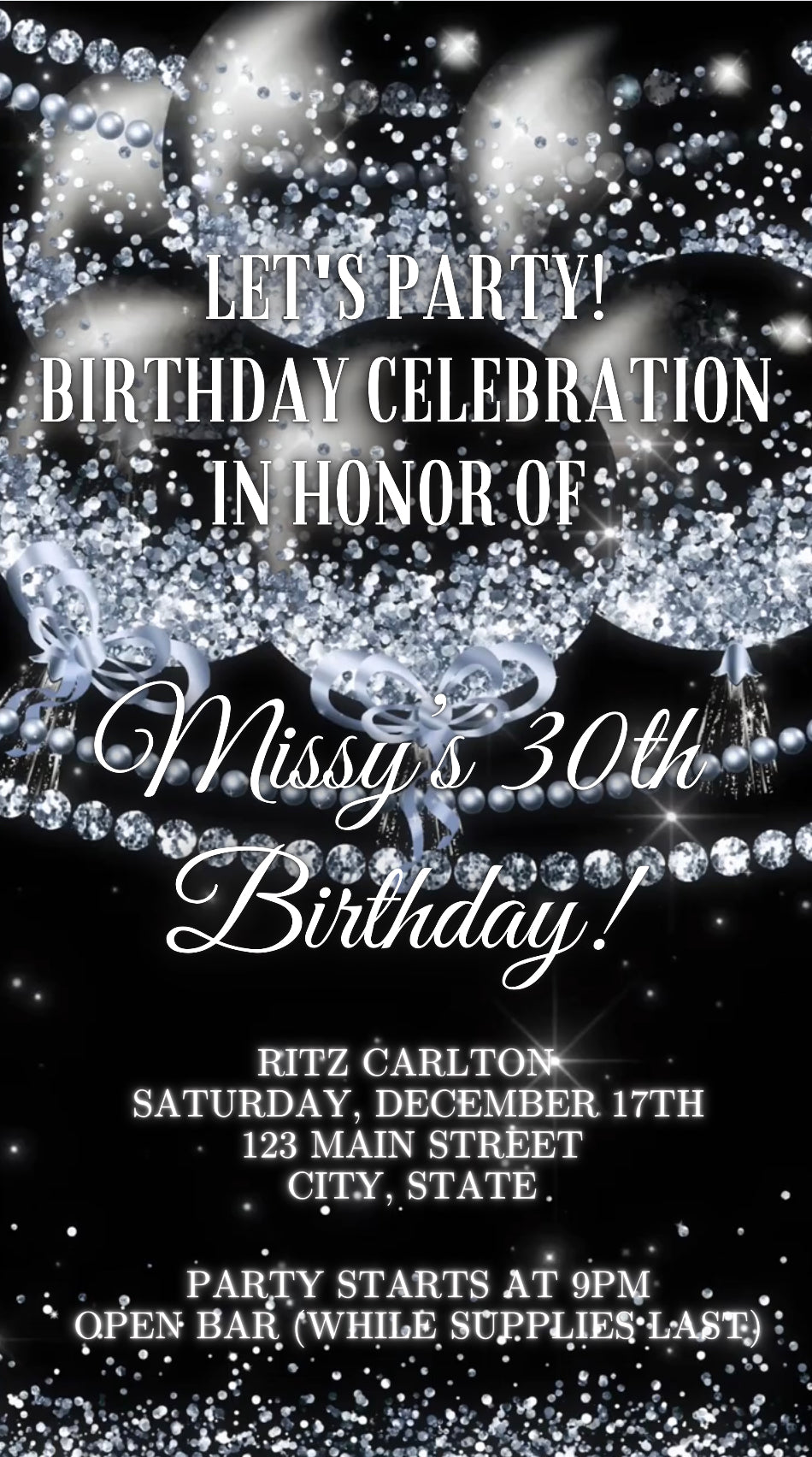 Glamorous Silver Birthday Balloon Video Invite, Any Occasion Video Invitation