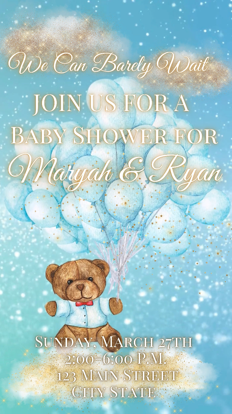 Blue Teddy Bear Baby Shower Video Invitation, We can bearly wait baby shower