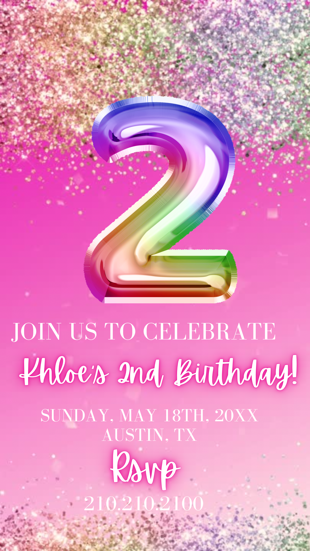 2nd Birthday Video Invitation, Editable Pink Glitter Birthday Invitation, Rainbow Holographic Editable invite