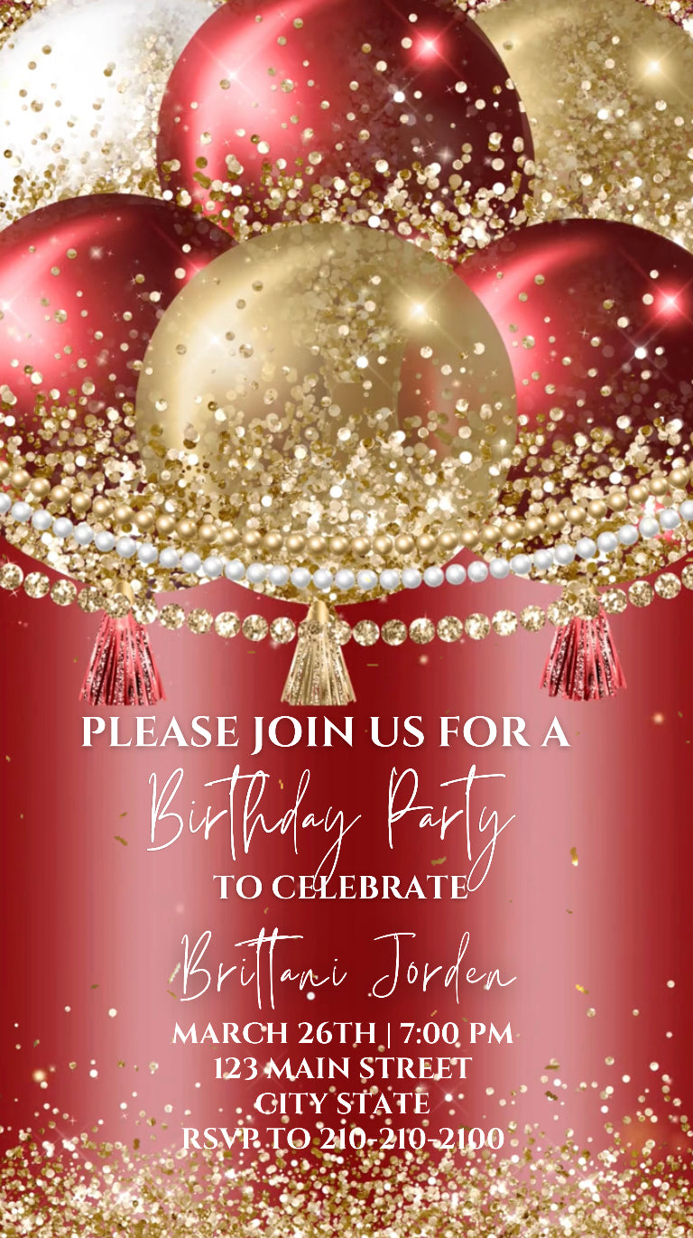Red and Gold Birthday Party Video Invitation, Birthday Balloon Invite, Any Occasion Evite