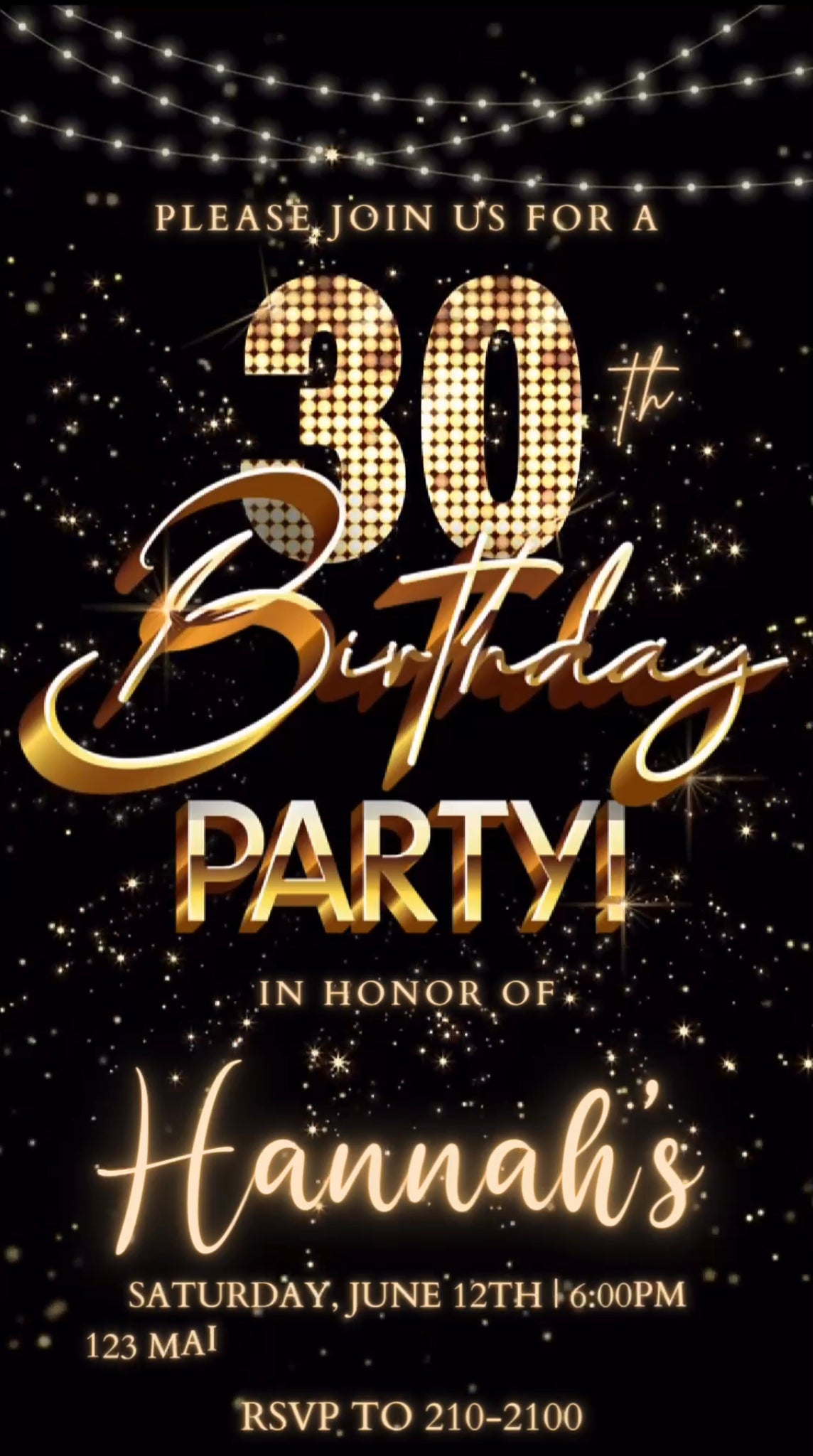 30th Gold Birthday Video Invitation, Gold Glitter Invitation, Any Occasion