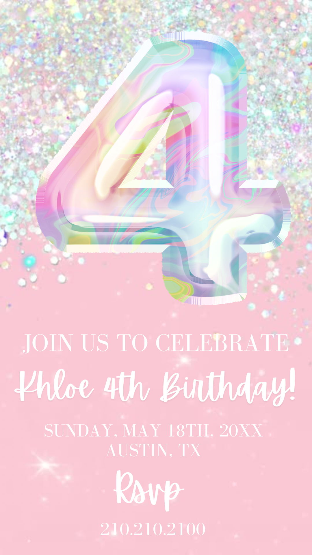 4th Birthday Video Invitation, Editable Pink Glitter Birthday Invitation, Rainbow Holographic Editable invite
