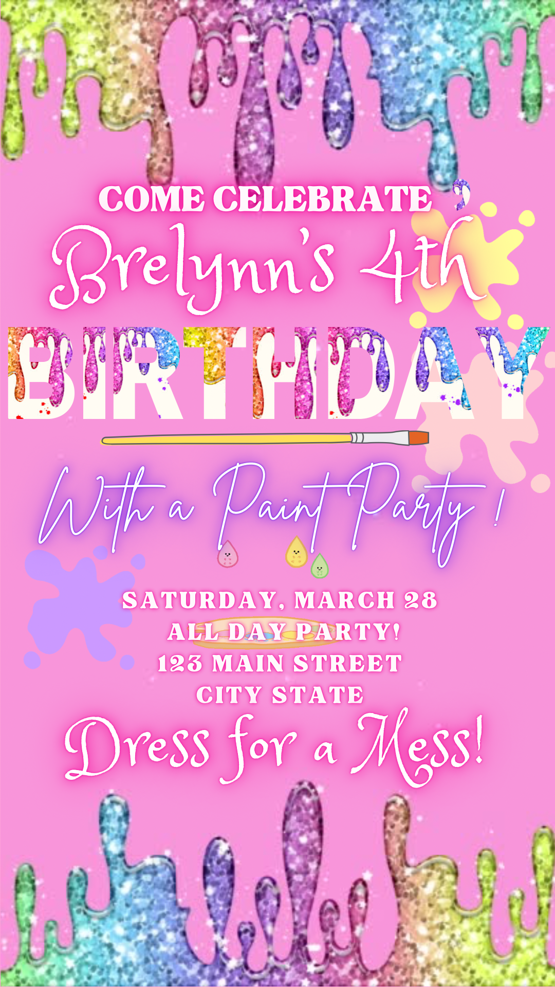 Art Party Video invitation, Pink Girls birthday invitation, Sip and Painting Party