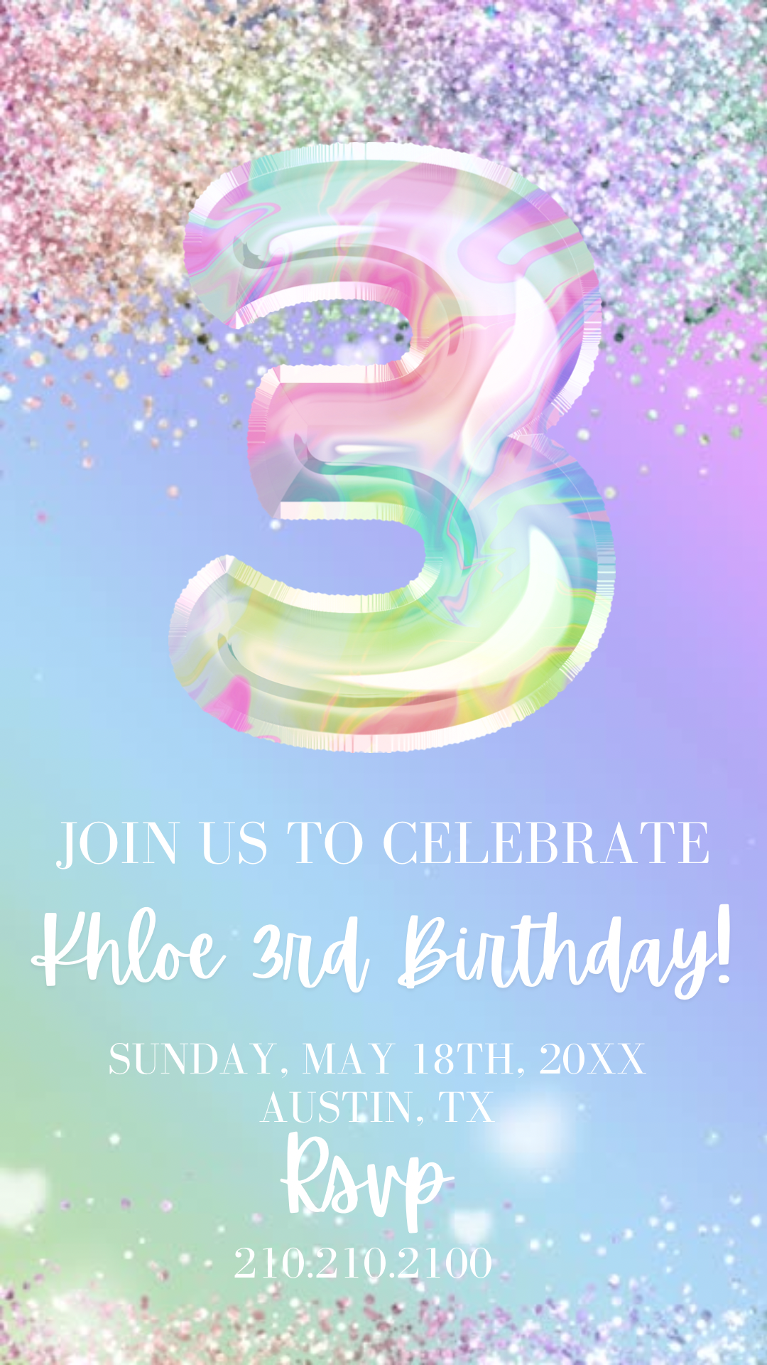 3rd Birthday Pastel Video Invitation, Iridescent Glitter Invitation