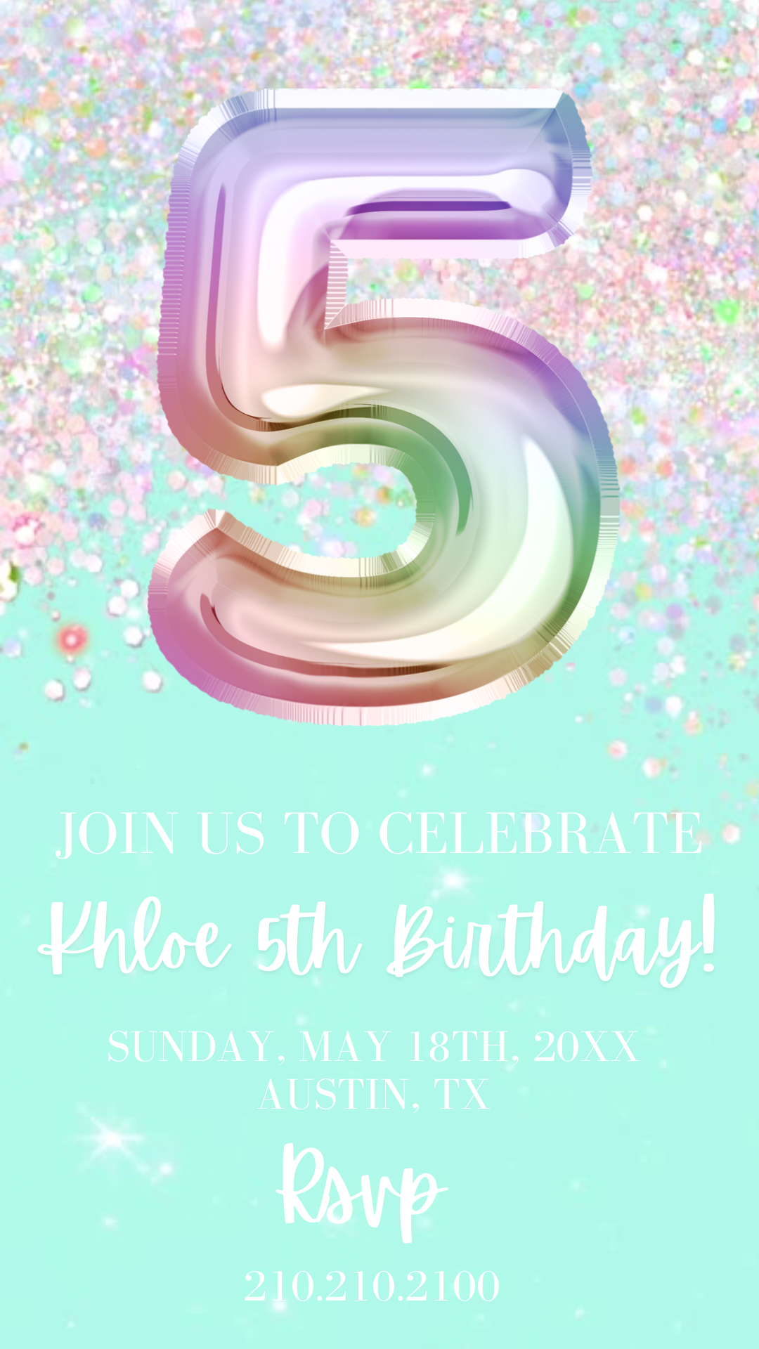 5th Birthday Video Invitation, Editable Mint Green Glitter Birthday Invitation, Rainbow Holographic Editable invite