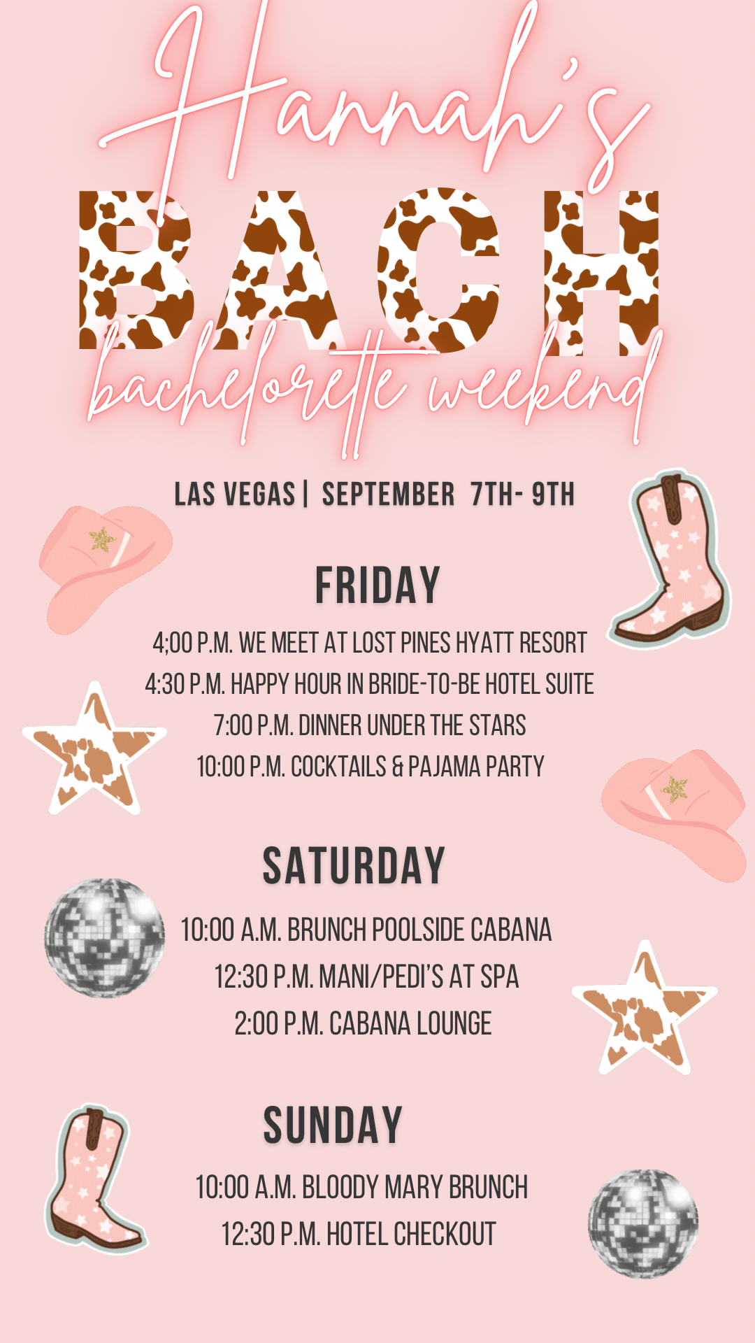 Disco Cowgirl Weekend Itinerary, Cowprint Bachelorette Itinerary