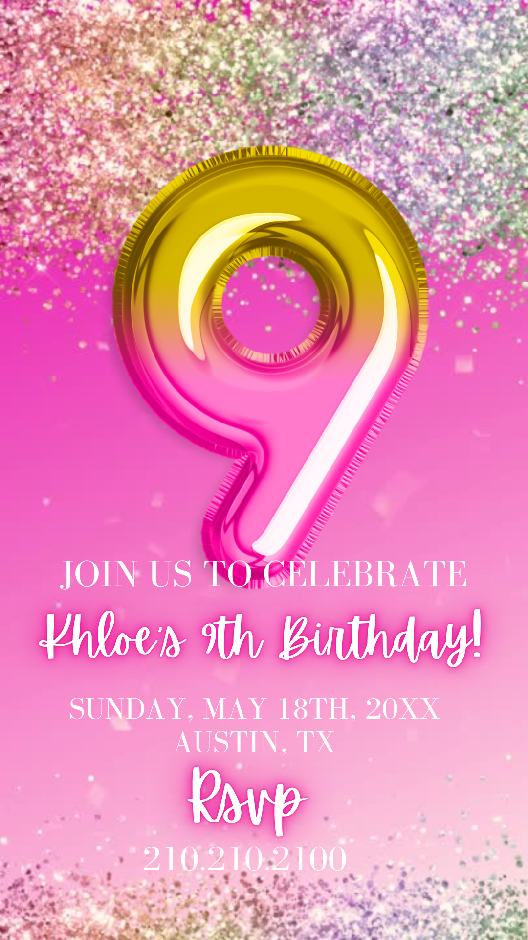 Pink and Gold 9th Birthday Invitation