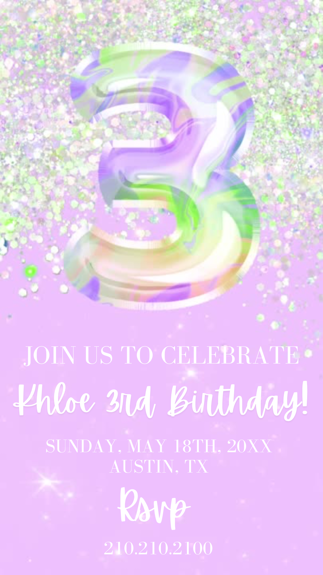 3rd Birthday Invitation, Purple Holographic Editable invite