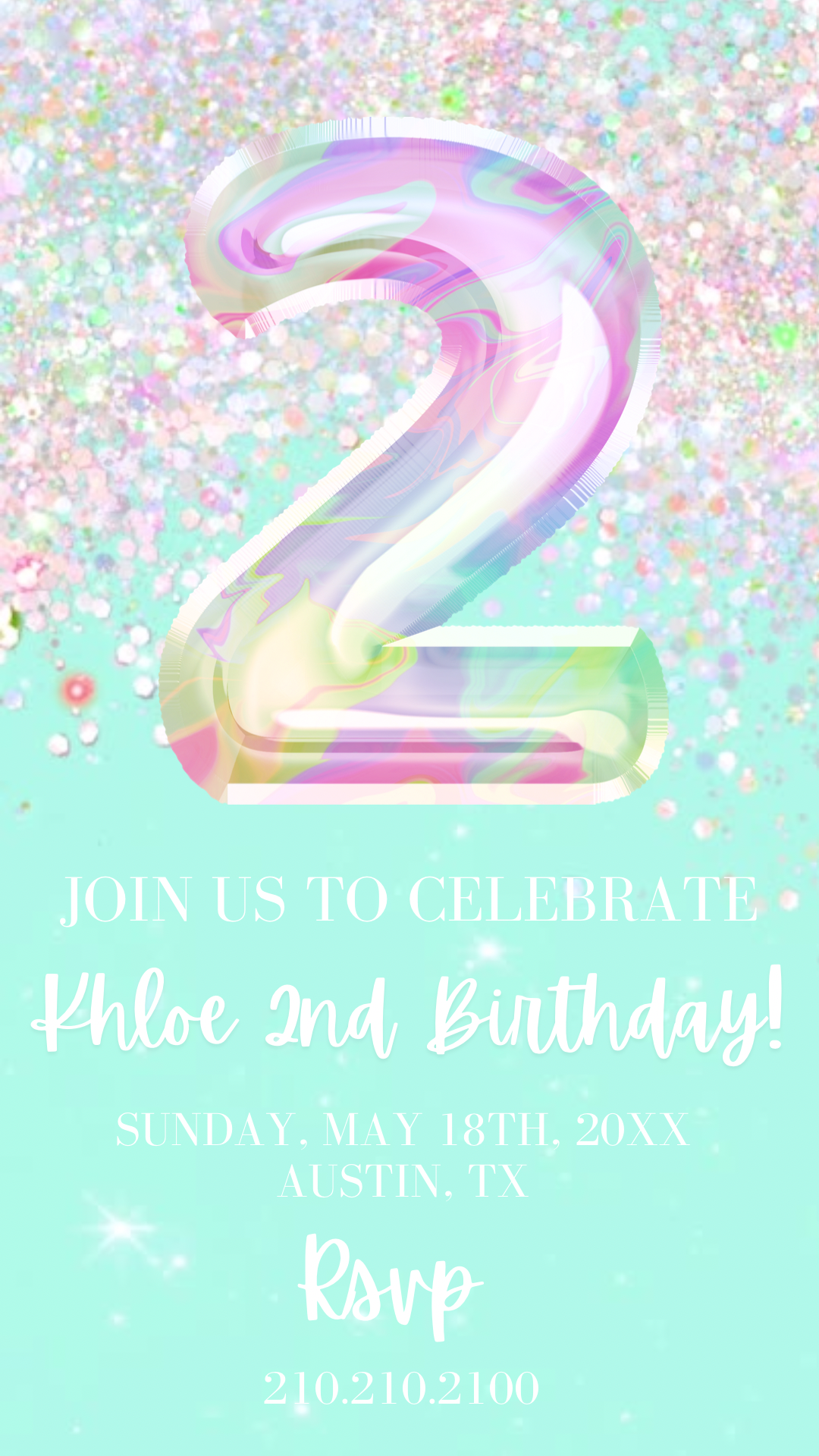 2nd Birthday Glitter Video Invitation, Glitter Mint and Pink Birthday Invite