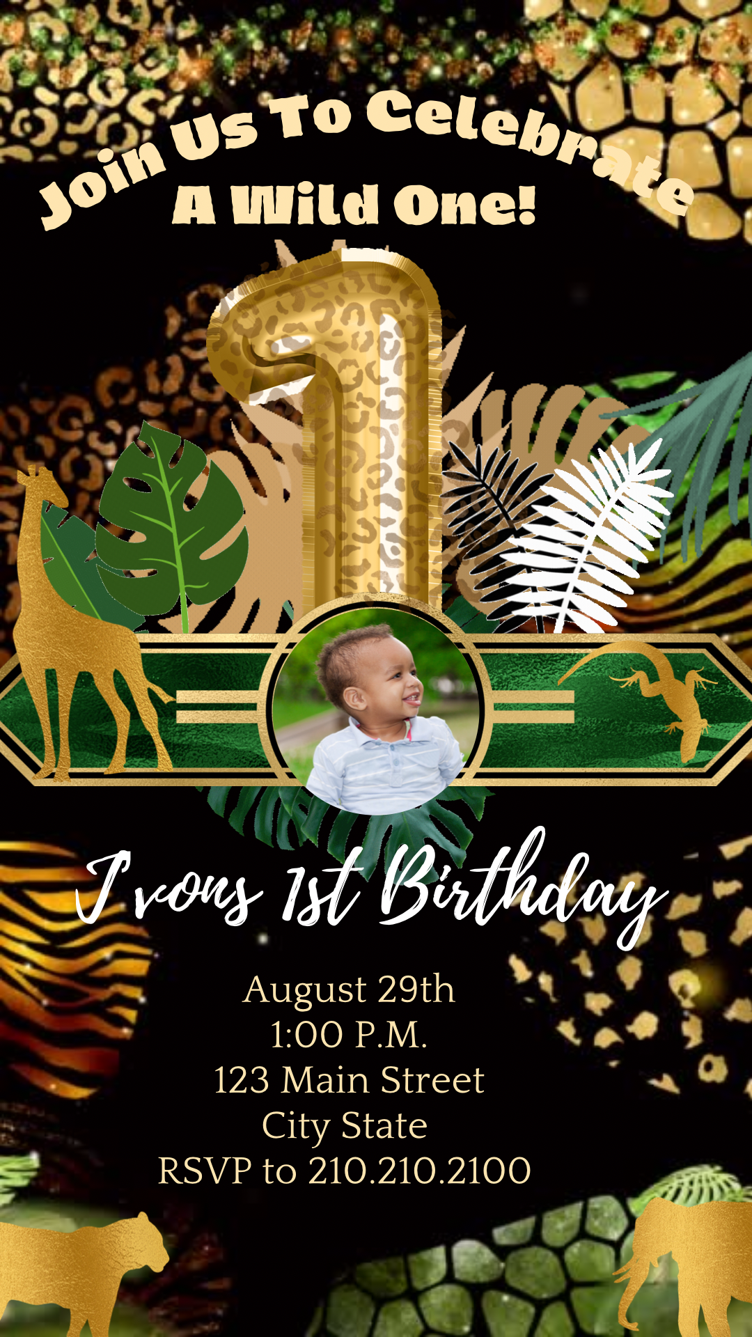 1st Birthday Safari Invitation, Tropical Gold Greenery Video Invitation