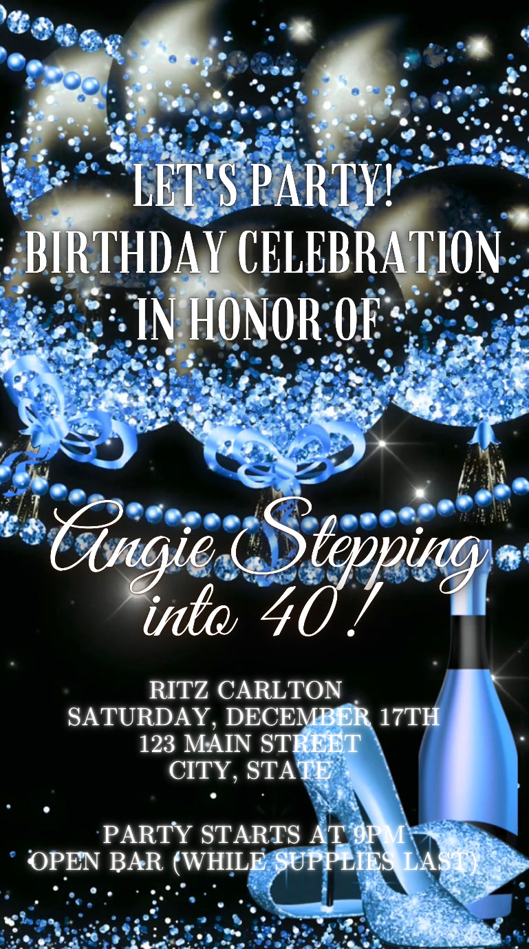 Blue Glitter Champagne and Balloon Video Invitation