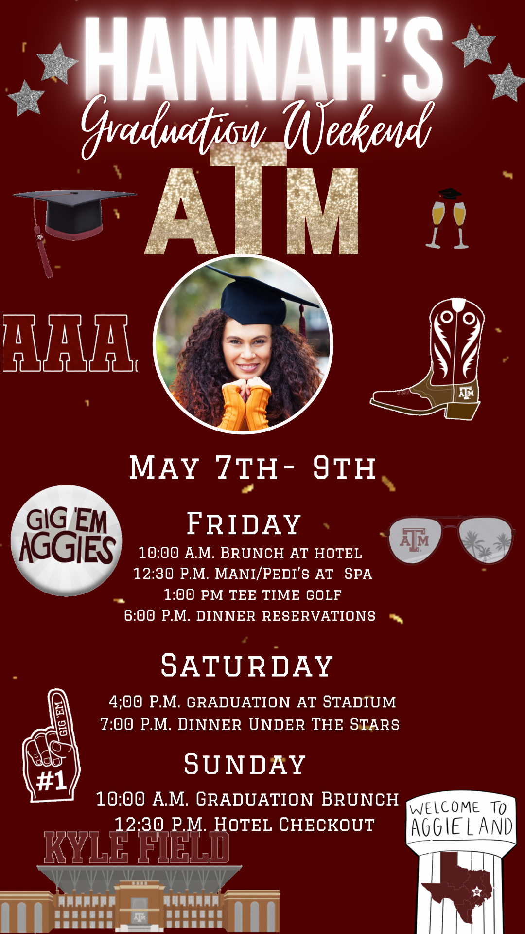 Texas A&M College Itinerary with Music, Aggies College Graduation Invite, Gig Em