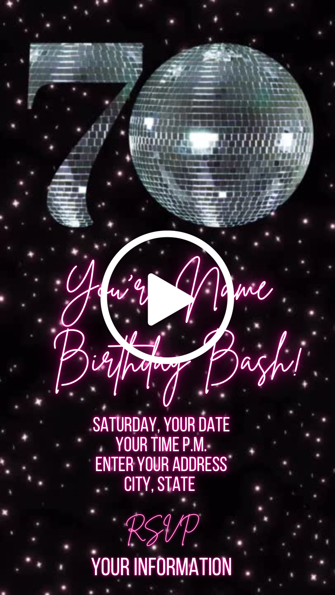 70th Birthday Pink Disco Video Invitation, Disco Ball Invite