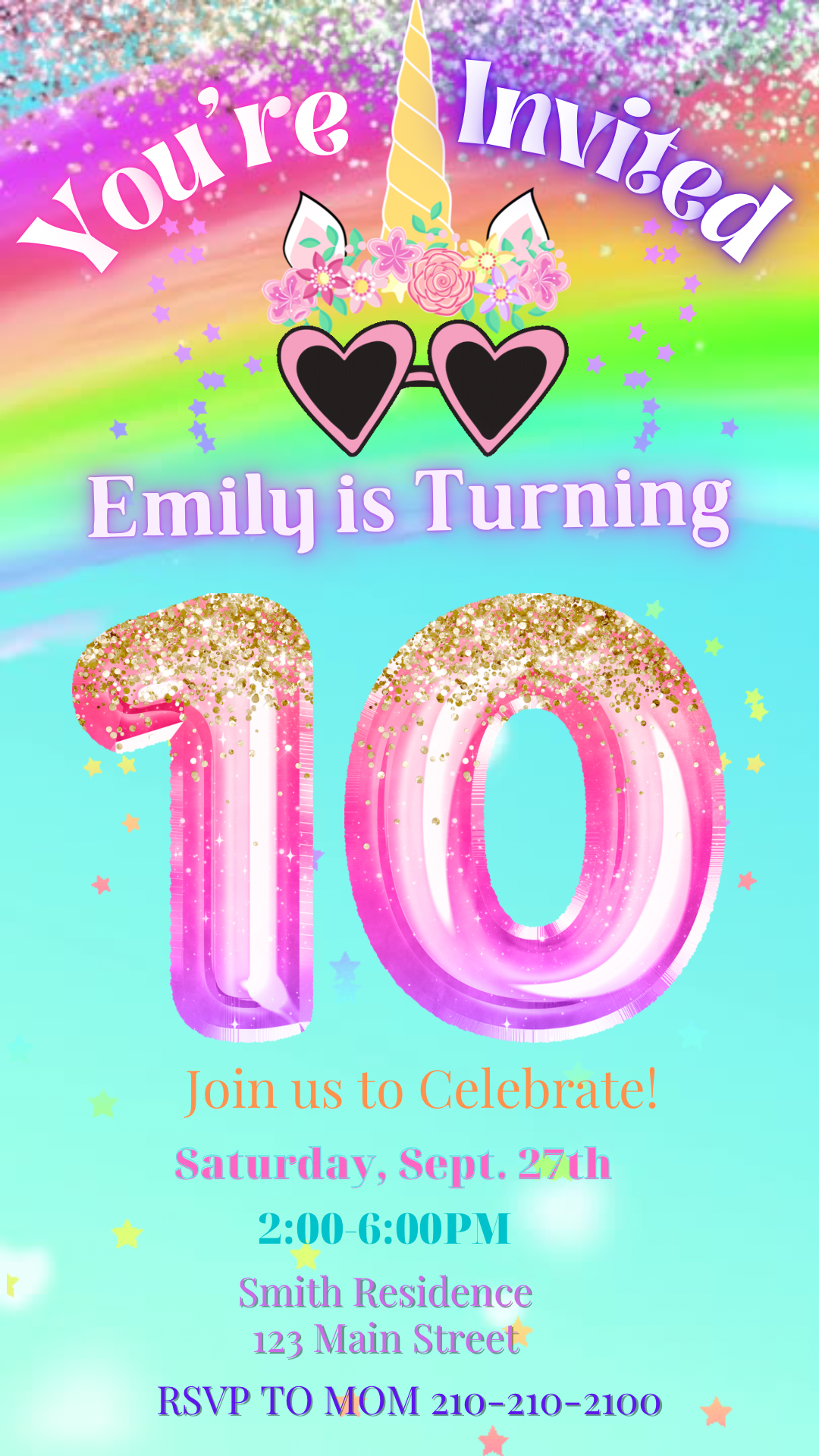 10th Birthday Unicorn Invitation, Glitter Video Invitation