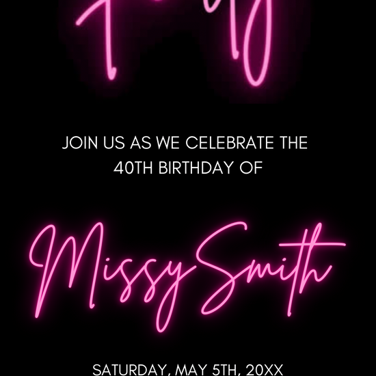 40th Birthday Video Invitation, Pink Neon Invite