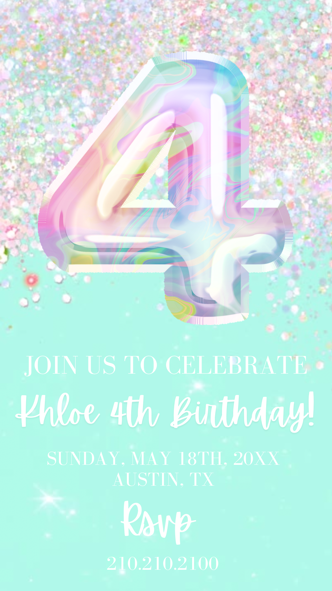 4th Birthday Video Invitation, Editable Mint Glitter Birthday Invitation