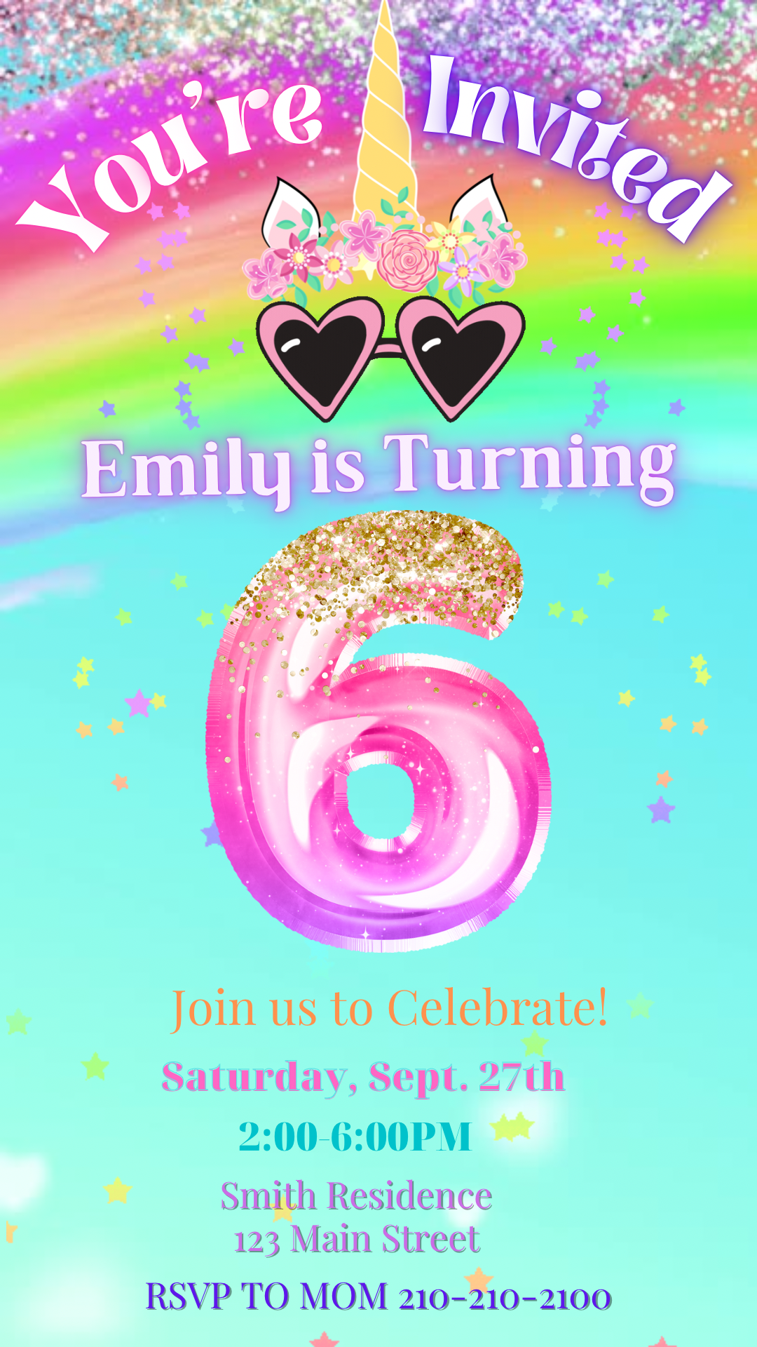 6th Birthday Unicorn Invitation, Glitter Video Invitation