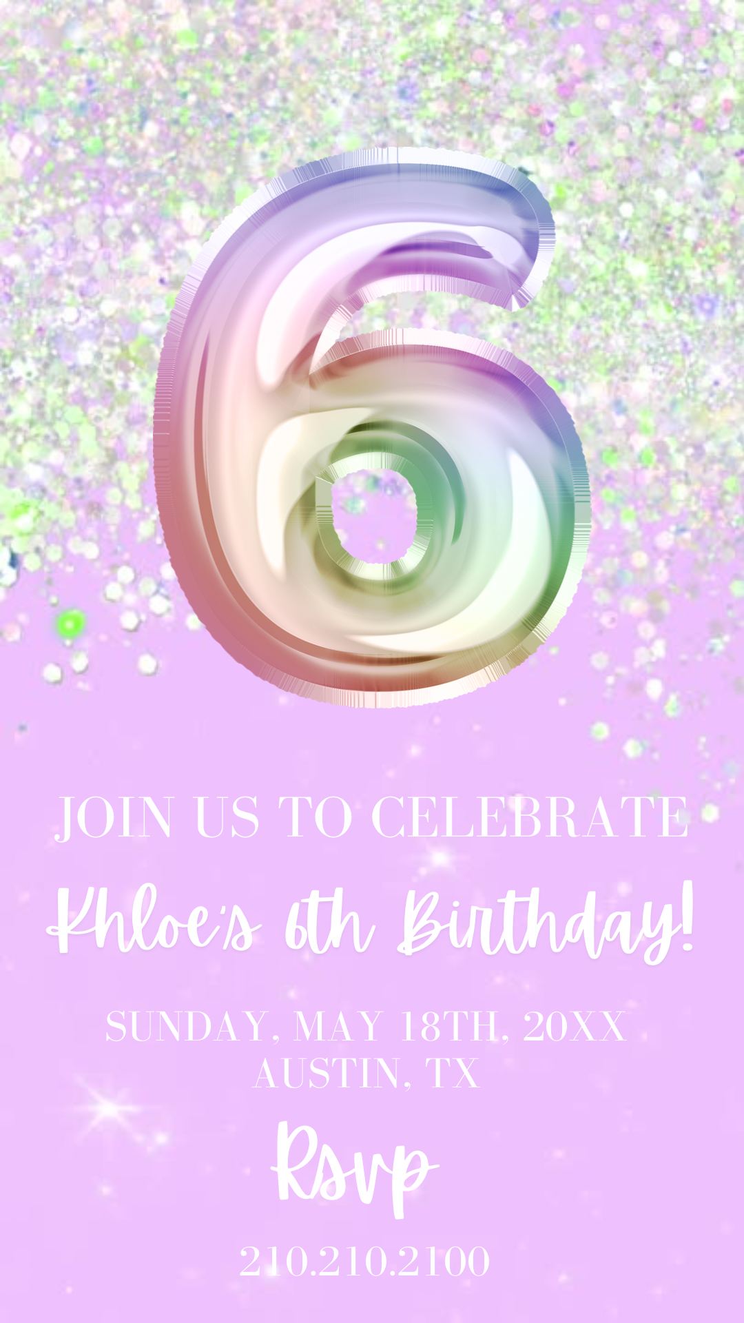 6th Birthday Invitation, Purple Holographic Editable video invite