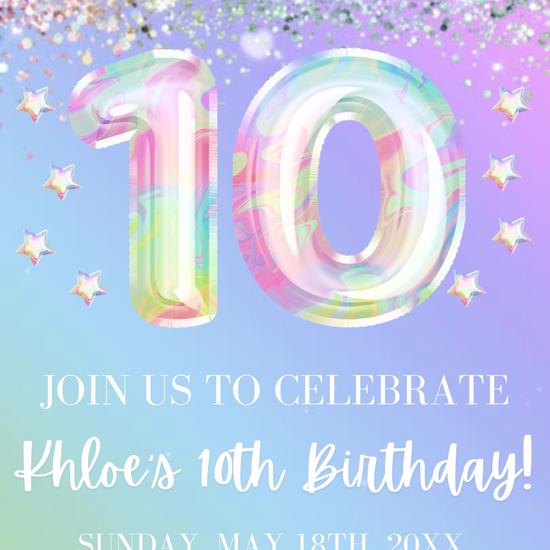 10th Birthday Pastel Video Invitation, Iridescent Glitter Invitation