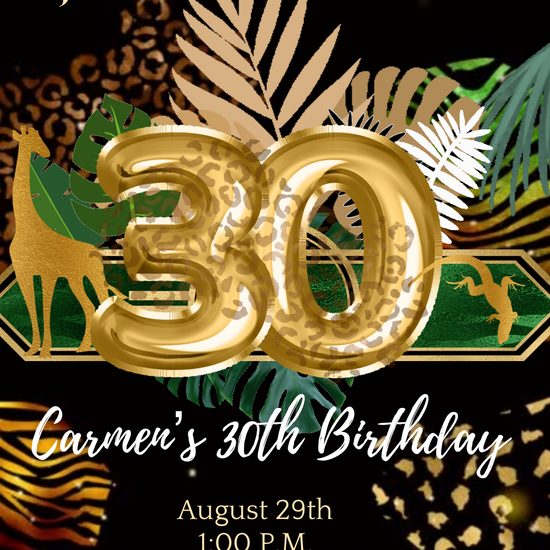 30th Birthday Safari Invitation, Tropical Gold Greenery Video Invitation