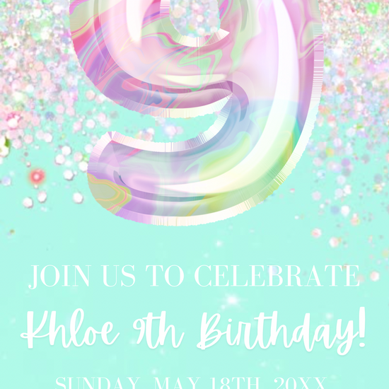 9th Birthday Glitter Video Invitation, Glitter Mint and Pink Birthday Invite