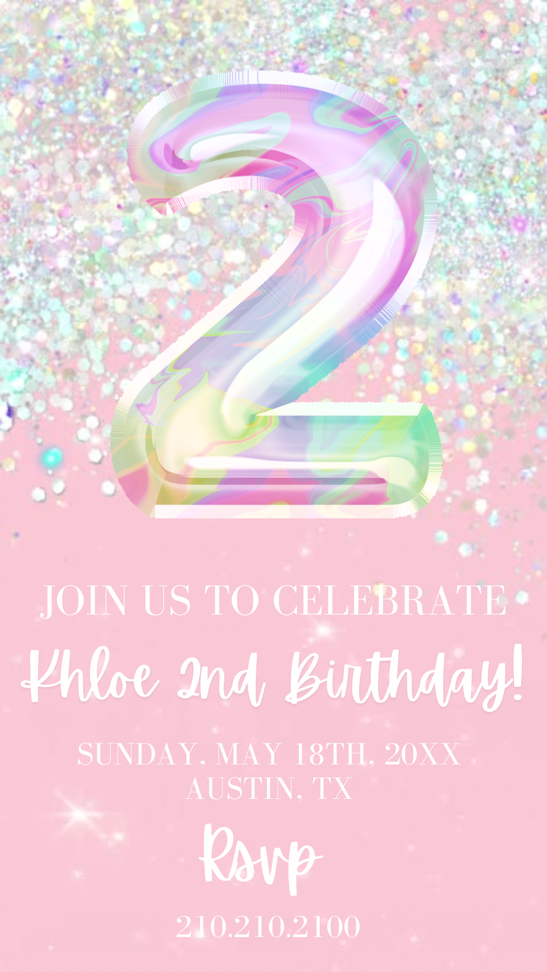 2nd Birthday Pink Glitter Video Invitation, Pink Birthday Glitter Balloon Invite