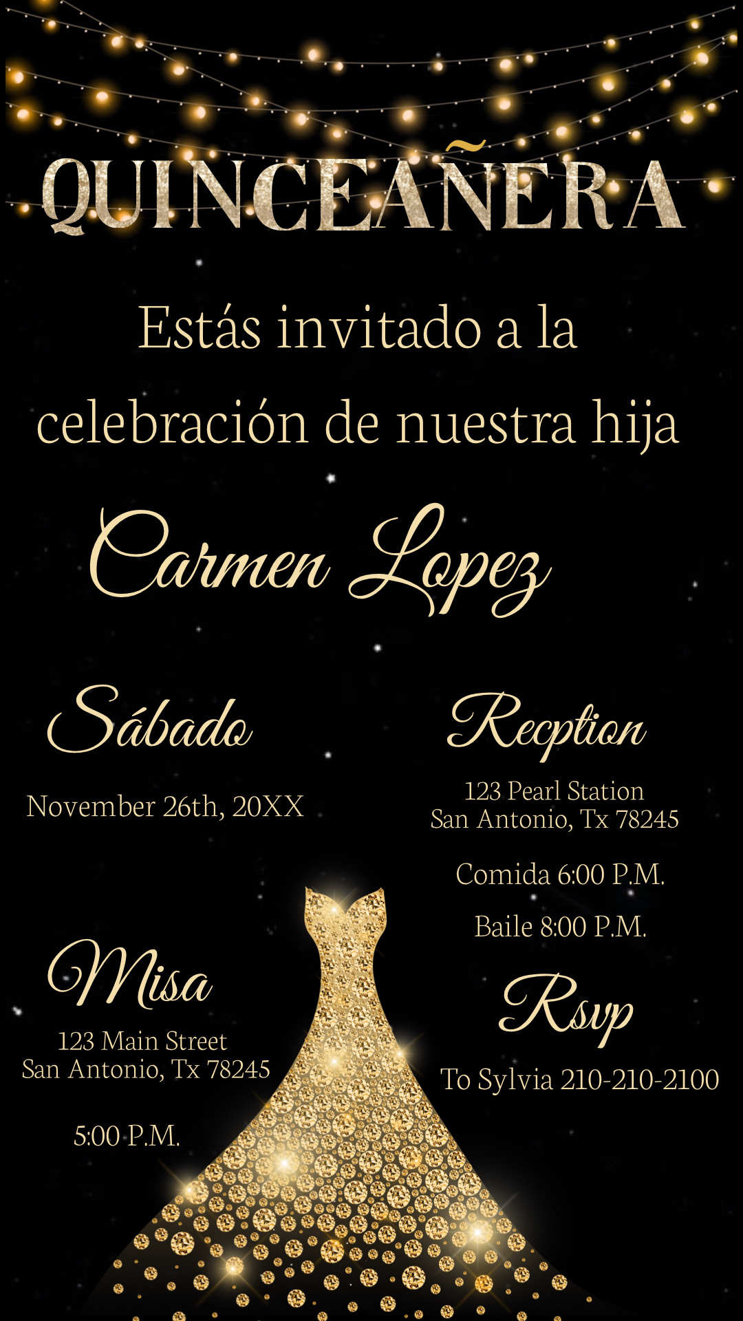 Quinceanera Invitation, Black and Gold Glitter Invitation, Mis Quince Anos, 15th Birthday, 