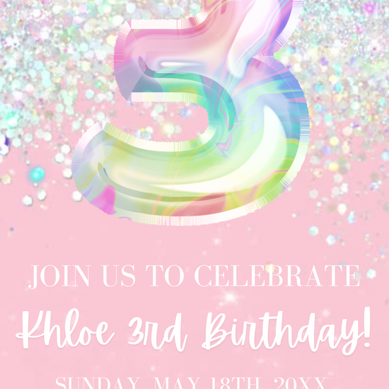 3rd Birthday Pink Glitter Video Invitation, Pink Birthday Glitter Balloon Invite