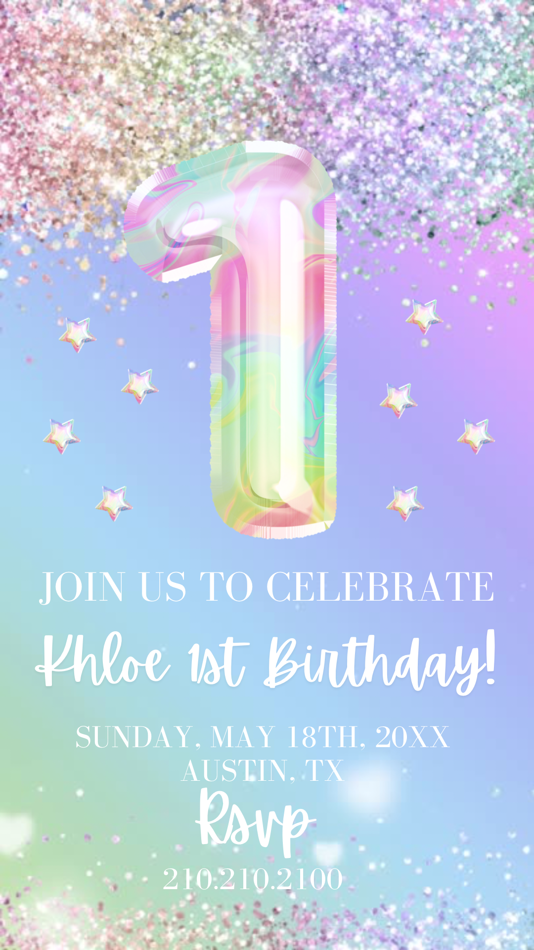 1st Birthday Pastel Video Invitation, Iridescent Glitter Invitation