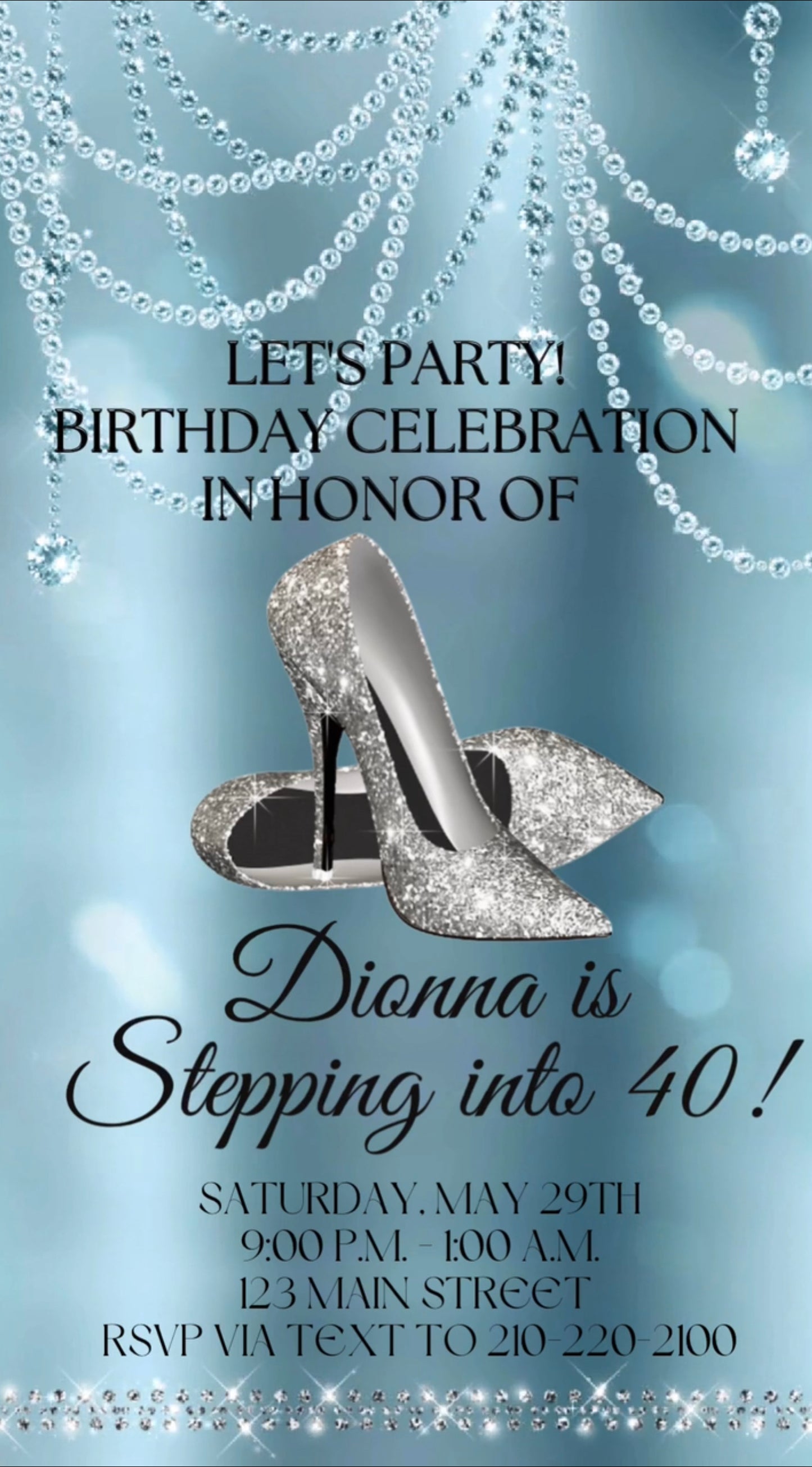 Pearl and Heels Video Invitation, Glitter Glam Diamond Shoes Customized Digital Invite