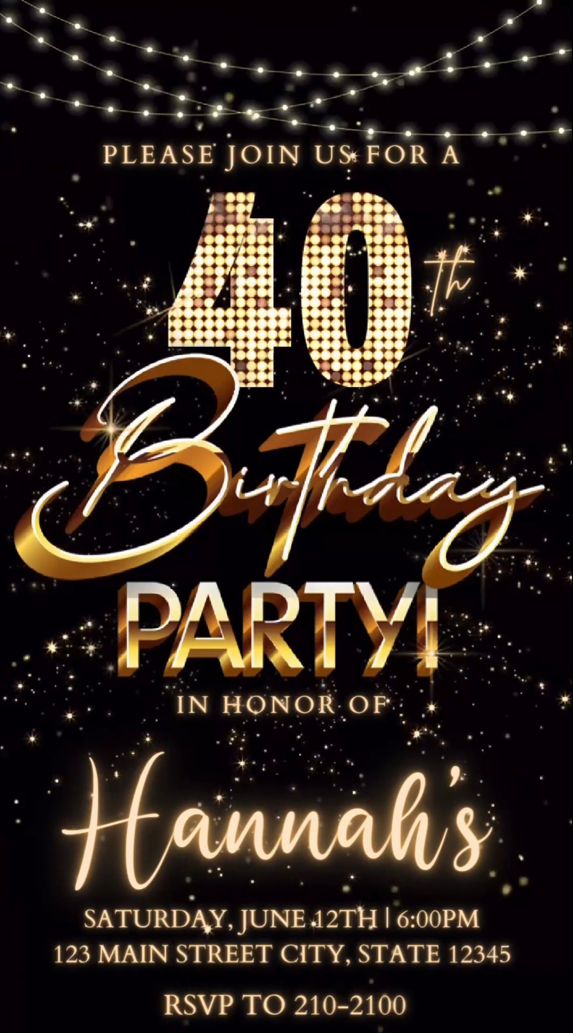 40th Gold Birthday Video Invitation, Gold Glitter Invitation, Any Occasion
